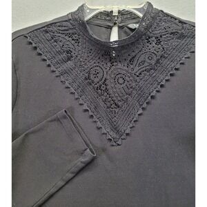 Lauren Ralph Lauren Black Lace Front Yoke Top Womens Size Large Trimmed Mockneck